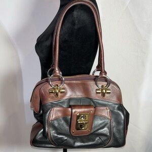 Vintage B. Makowsky Black and Brown Leather Satchel Shoulder Hobo Bag